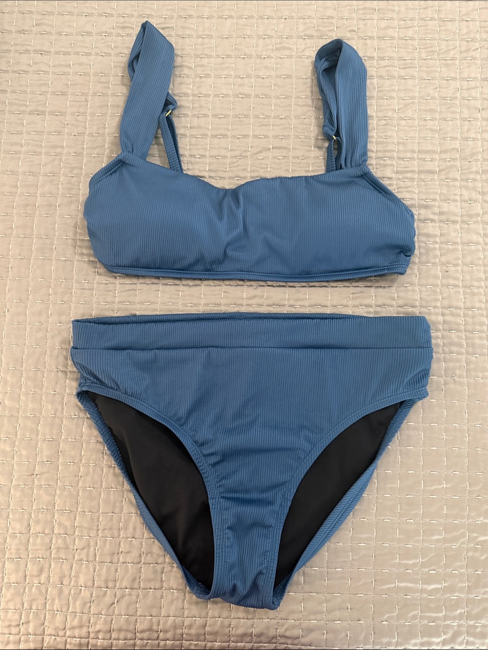 crown & ivy Dusty Blue Ribbed High-Waist Bikini Set